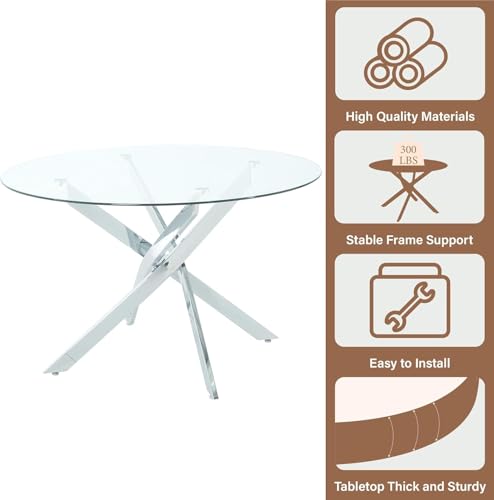 HAIZAO Clear Round Glass Dining Table Set for 4, 5 Piece Circle Kitchen Table Set, 36'' Modern Circular Dining Room Table Set, Minimalist Dining Set, Clear Acrylic Chair, for Small Place (Silver) HAIZAO