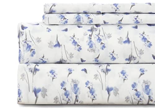 Twin Bed Sheet Set 3PC Printed Light Blue Flower Pattern Cooling 1800 Microfiber with Deep Pocket, Hotel Luxury, Soft, Breathable, Hypoallergenic, Wrinkle Free, Single Bedding for Kids, College Dorm KACEMOO