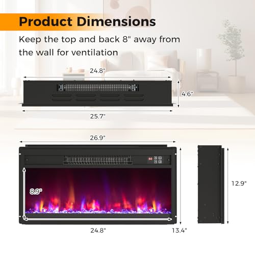 COSTWAY 26 Inch Recessed Fireplace Heater, Electric Fireplace Insert w/Multi-Color Flame & Crystal Ember Bed, Remote Control, 9H Timer, Built-in Thermostat & Overheat Protection, 1500W COSTWAY
