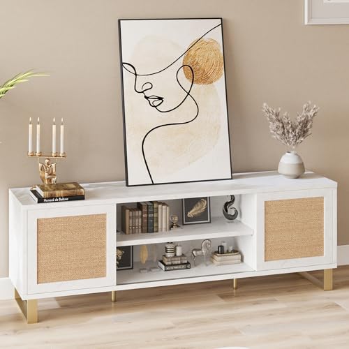 IDEALHOUSE Rattan TV Stand 66 Inch, White Entertainment Center Modern TV Console Table with Storage, Doors and Shelves, Media Cabinet Furniture for Living Room Bedroom IDEALHOUSE