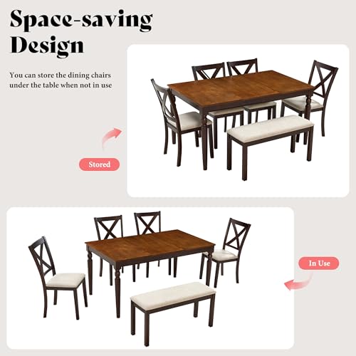 AMERLIFE 6-Piece Farmhouse Dining Table Set, 60” Solid Wood Table with 4 Upholstered Chairs & Bench, Comfortable Seating for 6, for Kitchen or Dining Room, Brown & Black Finish AMERLIFE