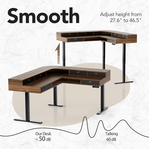 HUANUO Electric L Shaped Standing Desk with 6 Storage Drawers & File Cabinet, 2-Tier Corner Sit Stand Desk with Cable Management Tray, 65.5" × 57.6" Height Adjustable Computer Gaming Table, Walnut HUANUO