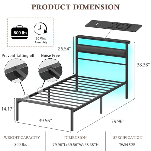OURPIC Twin Bed Frames for Kids, Metal Platform Bed Frame Twin Size with Charging Station and LED Lights, Upholstered Headboard and Storage Shelf, No Box Spring Needed, Easy Assembly OURPIC