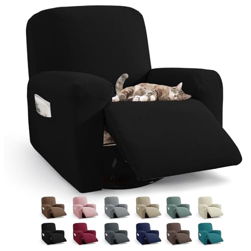 JIVINER 3 Piece Recliner Chair Cover Stretch Lazy Boy Non Slip Covers for Recliner with Pockets Soft Jacquard Reclining Sofa Slipcovers Furniture Protector with Elastic Bottom (1 Seater, Black)