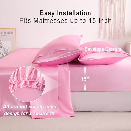 NTBAY Silk Satin King Sheet Set, 4-Piece Luxury and Soft Bedding Set Cooling Silky Sheets for Hair and Skin, Includes 2 Pillowcases, 1 Flat Sheet, 1 Fitted Sheet with Deep Pocket, Pink NTBAY