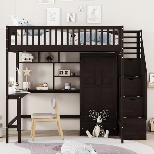 SOFTSEA Espresso Full Size Loft Bed with Desk, Wardrobe, and Storage Steps for Kids SOFTSEA