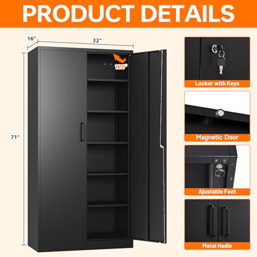 NODHM Metal Storage Cabinets with Lock, 71" Garage Storage Cabinet with 2 Door and 5 Adjustable Shelves, Steel Lockable Tool Cabinets for Home, Office, Gym, Garage NODHM