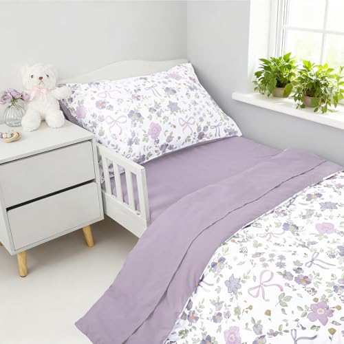 SWESEN Toddler Bedding Set for Girls, Purple Floral Toddler Girls Bedding Set, Soft & Lightweight 4 Piece Toddler Comforter Sets Include Comforter, Flat Sheet, Fitted Sheet, Pillowcase SWESEN