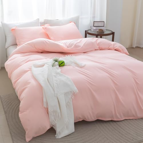 SheRest Pink Duvet Cover Twin Size - Soft Brushed Microfiber, 1 Duvet Cover 68x90 Inches with Zipper Closure 8 Ties & 1 Pillow Sham, Breathable Bedding Set for All Season (No Comforter) SheRest