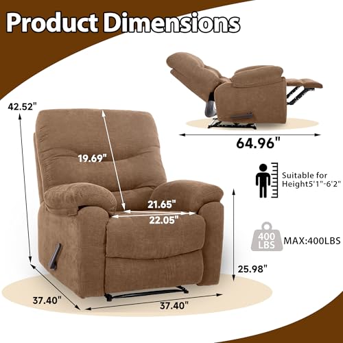Chizzyseat Manual Oversized Recliner Overstuffed Chairs Large Recliner High Weight Capacity Big and Tall Man Recliner for Heavy Duty 400lbs Adults for Living Room, Bedroom, Nursery, RV Brown