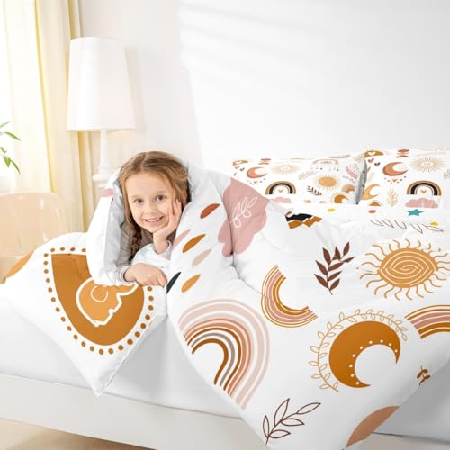 Boho Rainbow Bedding Set For Girls Twin,Cute Bohemian Eyes Moon Sun Comforter Set Kawaii Cloud Dream Catcher Bedding Comforter Sets For Kids Nursery Cartoon Hand Drawn Doodle Quilt Set 1 Pillowcase Erosebridal