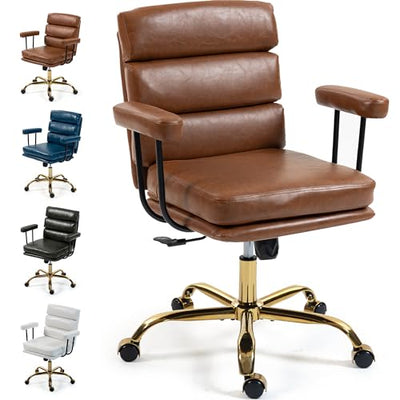 WiNVO Faux Leather Home Office Desk Chair, Gold Base Makeup Vanity Chair with Wheels, Padded Seat and Armrests, Adjustable Height Swivel Executive Computer Chair, Brown