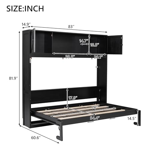 Harper & Bright Designs Full Size Murphy Bed, Wood Hidden Foldable Wall Bed Frame with Storage Cabinet for Bedroom, Office, Space-Saving, Black Harper & Bright Designs