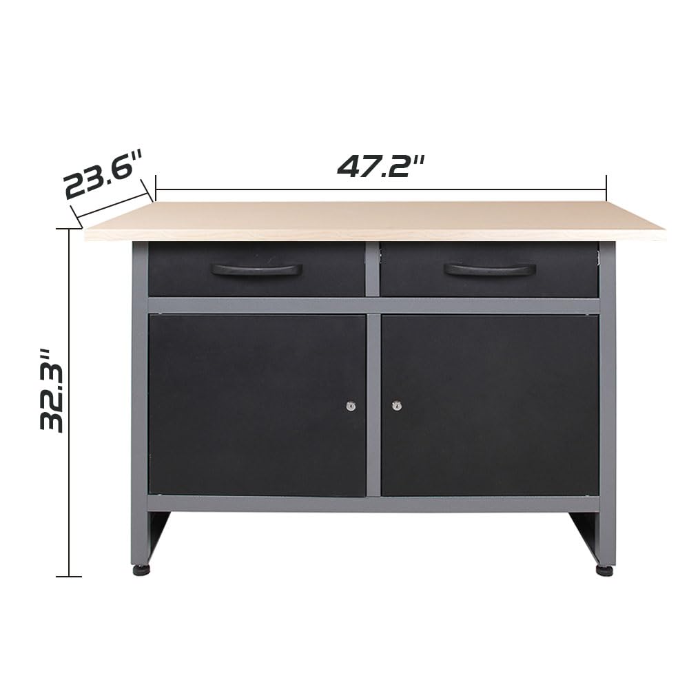 JZD Wood Top Workbench Tool Cabinet with 3 Pegboards and 22 Pieces Hooks & Tool Holders, Tabletop Steel Garage Workstation, Black & Grey JZD