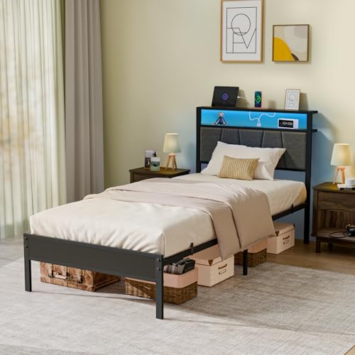 Z-hom Storage Headboard with Charging Station Twin Bed Frame, LED Bed with Upholstered Headboard and Footboard, Metal Platform Bed with 2-Tier Shelves, Easy Assembly, No Box Spring Needed, Noise Free Z-hom
