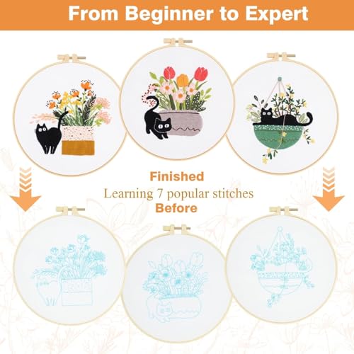 RidaaFri Embroidery Kit for Beginners, Set of 3 Stamped DIY Kits with Cat, Floral, Plant Patterns for Adults, Includes Hoop, Needles, Floss, Step-by-Step Video Tutorial, Complete Sewing Craft Supplies