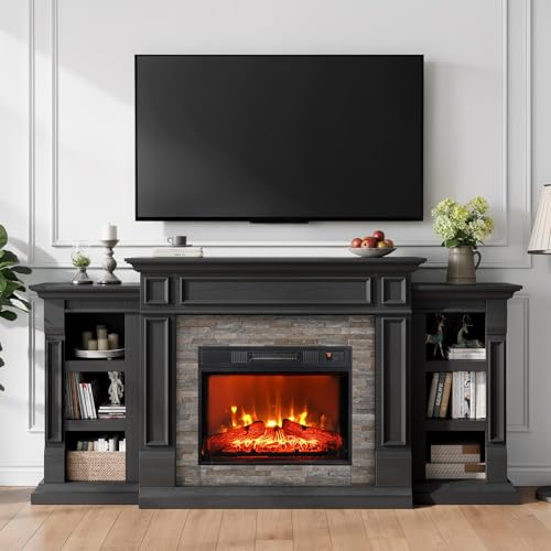 Naice 72" Electric Fireplace with Mantel and Cabinets, Fireplace TV Stand for Living Room Bedroom, Stacked Stone Surround and Remote Control 3D Realistic Flame, Black Naice
