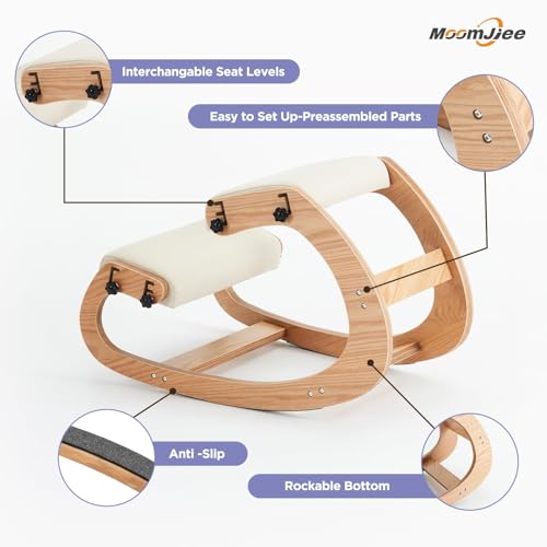 MoomJiee Ergonomic Kneeling Chair,Adjustable Rocking Knee Chair for Home Office,Wooden Office Chair for Back Pain Relief, Beige MoomJiee