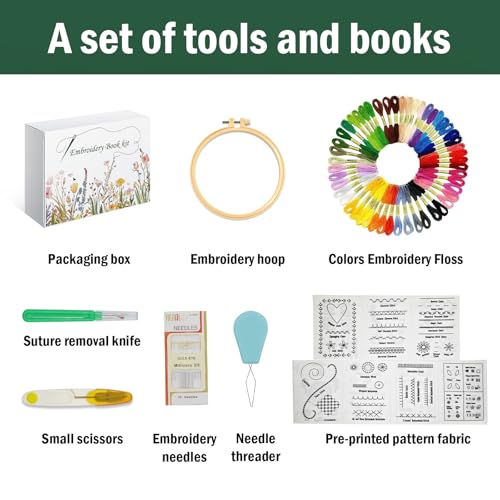 Kenburg Beginners Embroidery Stitch Book, DIY Needlepoint Kits Comes with a Complete Tool Kit, Instructional Tutorial and 6x8 Inch Removable Practice Patterns, Gifts for Craft Lovers, Mom, Women