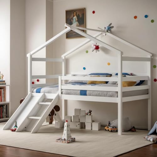PVWIIK Twin Size Low Loft Bed with Slide for Kids,Girls,Boys Bedroom,Wood House Roof Frame with Inclined Ladder,Easy to Assemble,Under Bed Storage,White PVWIIK
