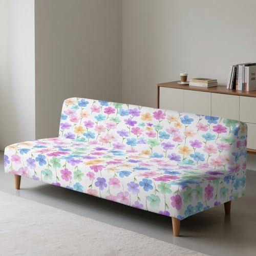 Fipuivrn Colorful Cherry Blossom Print Armless Futon Sofa Cover, Anti Scratch Furniture Protector Breathable Folding Sofa Bed Slipcover with Stretch Bottom for Kids and Pets Fipuivrn
