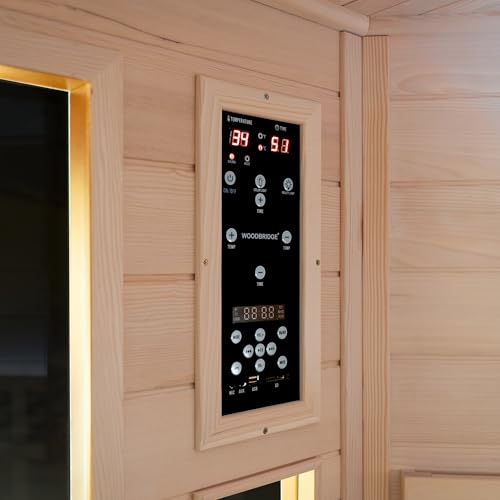 WOODBRIDGE Infrared Sauna Room 2 Person Japanese Cedar Indoor Corner Sauna with 7 Carbon Heaters, Red Light Therapy,Bluetooth Speaker,Intelligent Dual Control System,Tempered Glass,Exterior Brim Light WOODBRIDGE