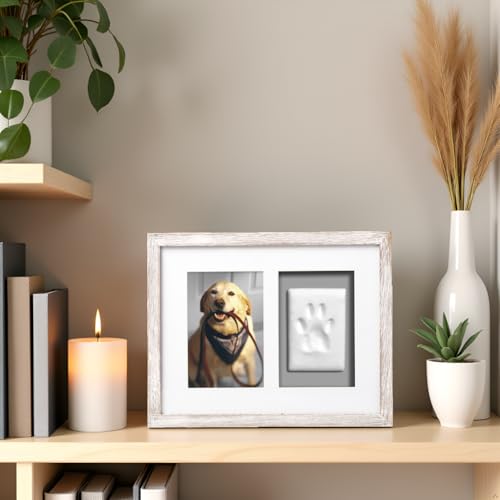 Pearhead Pet Pawprints Wall Picture Frame and Clay Impression Kit - DIY Clay Paw Print, Memorial Keepsake Frame for Cat and Dog, Ideal Home Decor Gift for Pet Owners, 4x6 Photo, Distressed White Pearhead