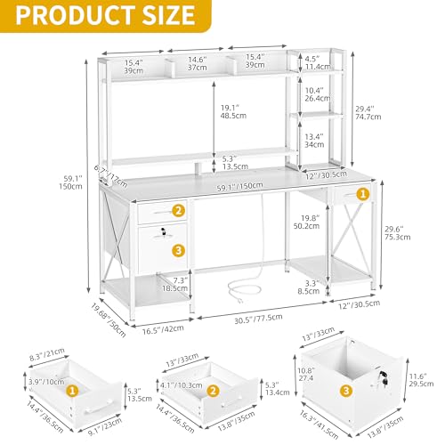 DWVO Computer Desk with Drawers & Hutch, 59.1" Office Desk with Power Outlets & LED Lights, Home Office Desk with Storage Shelves, White DWVO