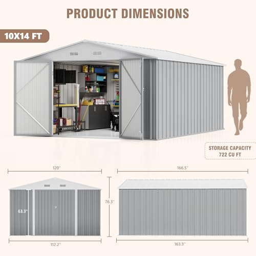 Greesum 10×14 FT Outdoor Storage Shed, Metal Storaged Sheds Without Floor, Tool Sheds with Lockable Doors and Sloping Roof for Garden, Patio, Backyard, Gray Greesum