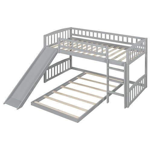 LZ LEISURE ZONE Twin Over Twin Bunk Bed, Wood Bunk Bed with Slide and Ladder, Gray LZ LEISURE ZONE