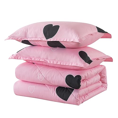 Caressma Girls Pink Comforter Set Twin Size - Blush Pink Cute Love Heart Print Comforter Bedding Set for All Seasons, Geometric Soft Microfiber Comforter Set with Pillowsham Caressma