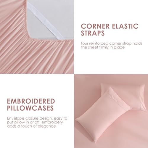 JSD Dusty Pink Queen Sheet Set with Side Pocket Corner Straps, 4 Piece Soft Microfiber Bed Sheets Extra Deep Pocket JSD