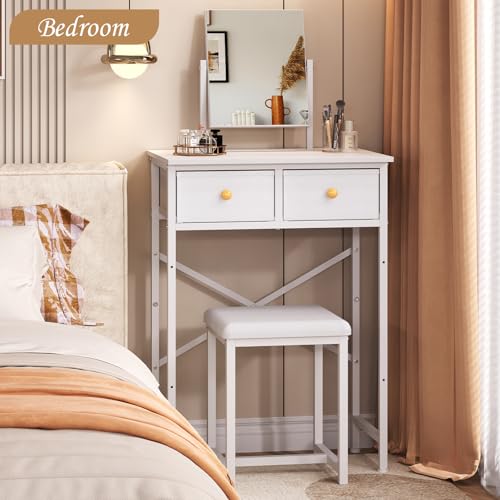 X-cosrack Small Makeup Vanity Desk with Mirror & Chair, Mini Vanity Desk Table Set with Fabric Storage Drawer, 19.7" Compact Vanity Desk for Girls, Dressing Table with Chair for Bedroom, White X-cosrack