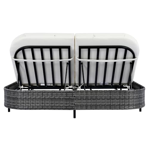 Merax Outdoor Daybed,Patio Rattan Daybed with Adjustable Backrest,Patio Wicker Loveseat Lounger,Outdoor Bed Loveseat Sofa Set with Pillows and Cushions for Garden, Backyard, Poolside,Black+Beige Merax