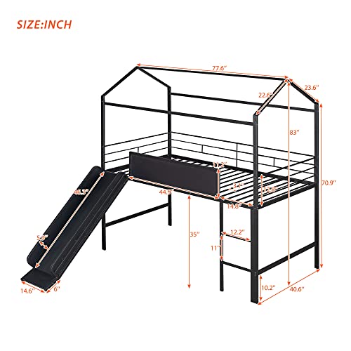 Bellemave Twin Metal Loft Bed with Fence and Two-Sided writable Chalkboard, Twin Size Metal House Bed with Slide and Ladder,for Bedroom Dorm,for Kids, Boys, Girls, Teens (Black) Bellemave