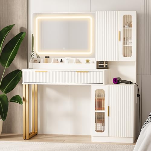 45" Modern Makeup Vanity Desk with Mirror and Lights, Makeup Vanity with 5 Shelves& 2 Drawers and Cabinet, Vanity Table with Power Outlet, 3 Color Adjustable Lighting Dressing Table Set for Bedroom astimey