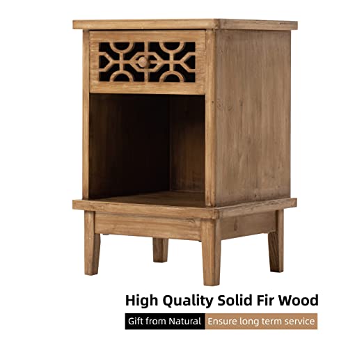 COZAYH Retro Rustic Nightstand Solid Fir End Table Side Table with Hand Carved Front and Open Shelf for Boho, French Country, Farmhouse Style, Natural COZAYH