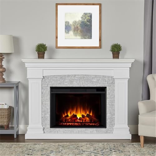 Real Flame Deland Grand Electric Indoor Fireplace with Remote Control, Realistic Infrared Fireplace with Heater, White Real Flame