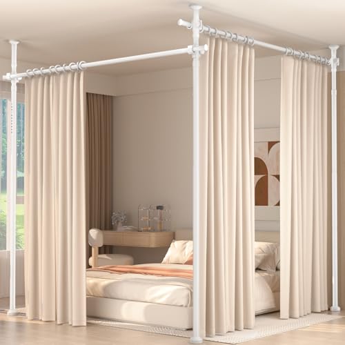Room Divider for Room Separation,4-10ft(H) 28-140inch(W) Adjustable Temporary Privacy Wall Divider, Tension Curtain Rods No Drilling, Heavy Duty Partition Space Separator Freestanding,White Daurore paw
