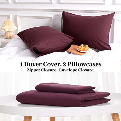 NEXHOME PRO Duvet Cover Set Queen Size Linen Look Textured 100% Washed Cotton Duvet Cover Burgundy Dark Red 3 Pieces Bedding Set with Zipper Closure,Breathable, Soft Organic Natural(No Comforter) NEXHOME PRO