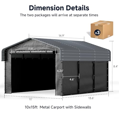 10x15FT Heavy Duty Metal Carport, Outdoor Carport Canopy with Galvanized Steel Roof and Reinforced Base,Removable Sidewalls & Door, Garage Shelter Shade for Cars,Trucks, Boats, Gray Real Relax