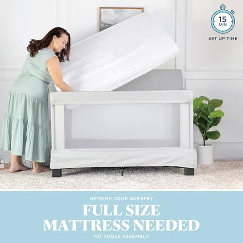 Baby Delight Horizon Full Size Crib, Breathable Mesh Walls, Tool-Free Assembly Baby Bed, Luxe Quilted Easy to Clean Fabric, Grey
