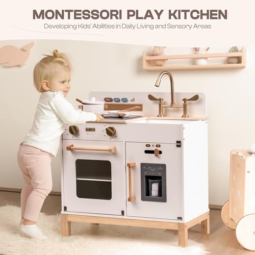 ROBOTIME Play Kitchen for Toddlers, Wooden Kids Play Kitchen Playset with Real Lights & Sounds/Ice Cube Dispenser, Pretend Play Montessori Toy Kitchen, Gift for Ages 3+ (White) ROBOTIME
