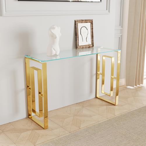 Glass Console Table, Modern 47.2'' Entryway Table, Glass Top with Stainless Steel Base, Metal Hallway Narrow Sofa Table Suitable for Entrance, Living Room(Gold) Sunitar