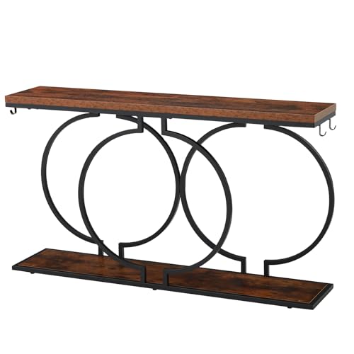 UPHYB 55'' Narrow Console Table, Industrial Entryway Table with Storage Shelves, O-Shaped Circle Metal Frame, Wood Accent Tables for Living Room, Hallway, Foyer, Entrance, Rustic Brown UPHYB