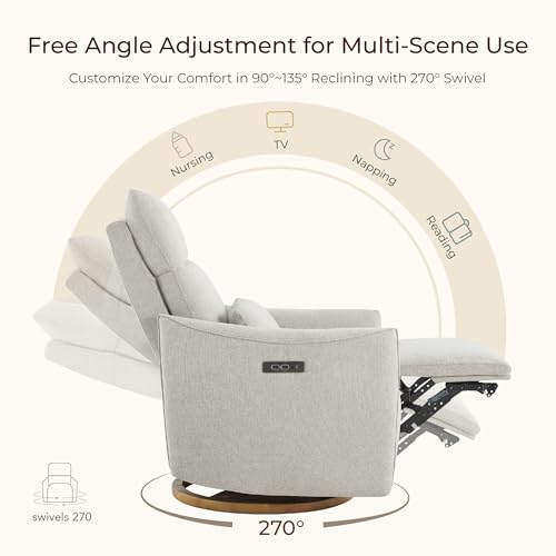 CHITA Swivel Rocker Recliner Chair, Power Nursery Glider Recliner, Nursery Rocking Chair with Adjustable Power Headrest, FSC Certified, Solid Wood Base, Crockery (Gray) CHITA