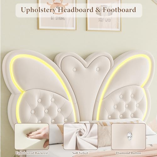 Keyluv Twin Bed Frame Butterfly-Pattern Upholstered Headboard, Modern Floating Bed with LED Lights Button Tufted on Headboard and Footboard, Slats Support No Box Spring Needed, Noise-Free, Beige Keyluv