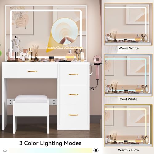 DWVO Makeup Vanity Desk with Large Lighted Mirror with Power Outlet and LED Strip, 3 Color Lighting Modes with Adjustable Brightness, 4 Drawer Vanity Table with Cushioned Stool, Milky-White DWVO