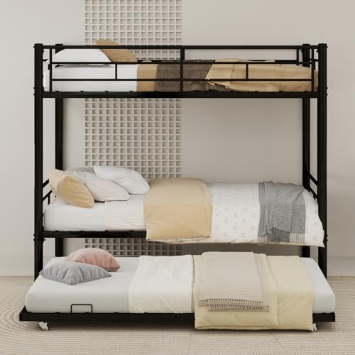 IHUESHO Triple Bunk Bed with Trundle, 400lb Heavy Duty Metal Twin Over Twin Bunkbed, 13.19" Extra High Guardrail, 3-in-1 Convertible to 3 Separate Beds, Kids Teens Adults, No Box Spring (Black) IHUESHO