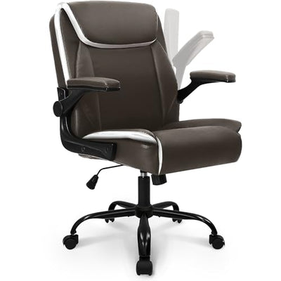 NEO CHAIR Office Desk Computer Chair Ergonomic Executive Mid-Back Leather Gaming Chair with Adjustable Flip-Up Armrests Wheels Swivel for Home Study Task (Brown)